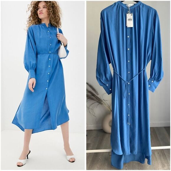 Mango Modal Oversized Dress Belted Blue - Picture 1 of 9